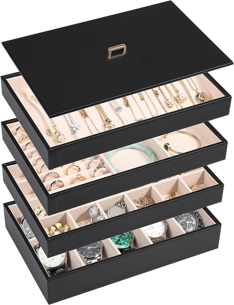 Stackable Jewelry Organizer Tray with Lid, PU Leather Jewelry Storage Holder for Drawer Inserts, Jewellery Display Box Case for Earring Necklace Ring Watch Bracelet (Set of 4, Black)